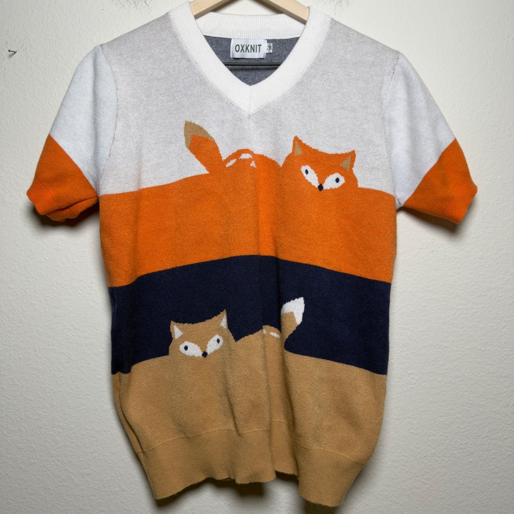OXKNIT Women Novelty Sweater XL Multi Color Fox Animal Short Sleeve Preppy VNeck